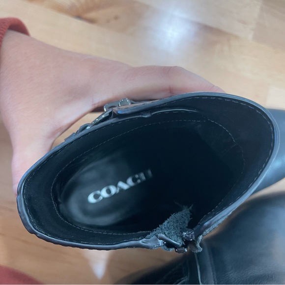 COACH Paulina Black Leather Ankle Boots Embossed Snake Belt Booties 7.5 - Picture 8 of 9